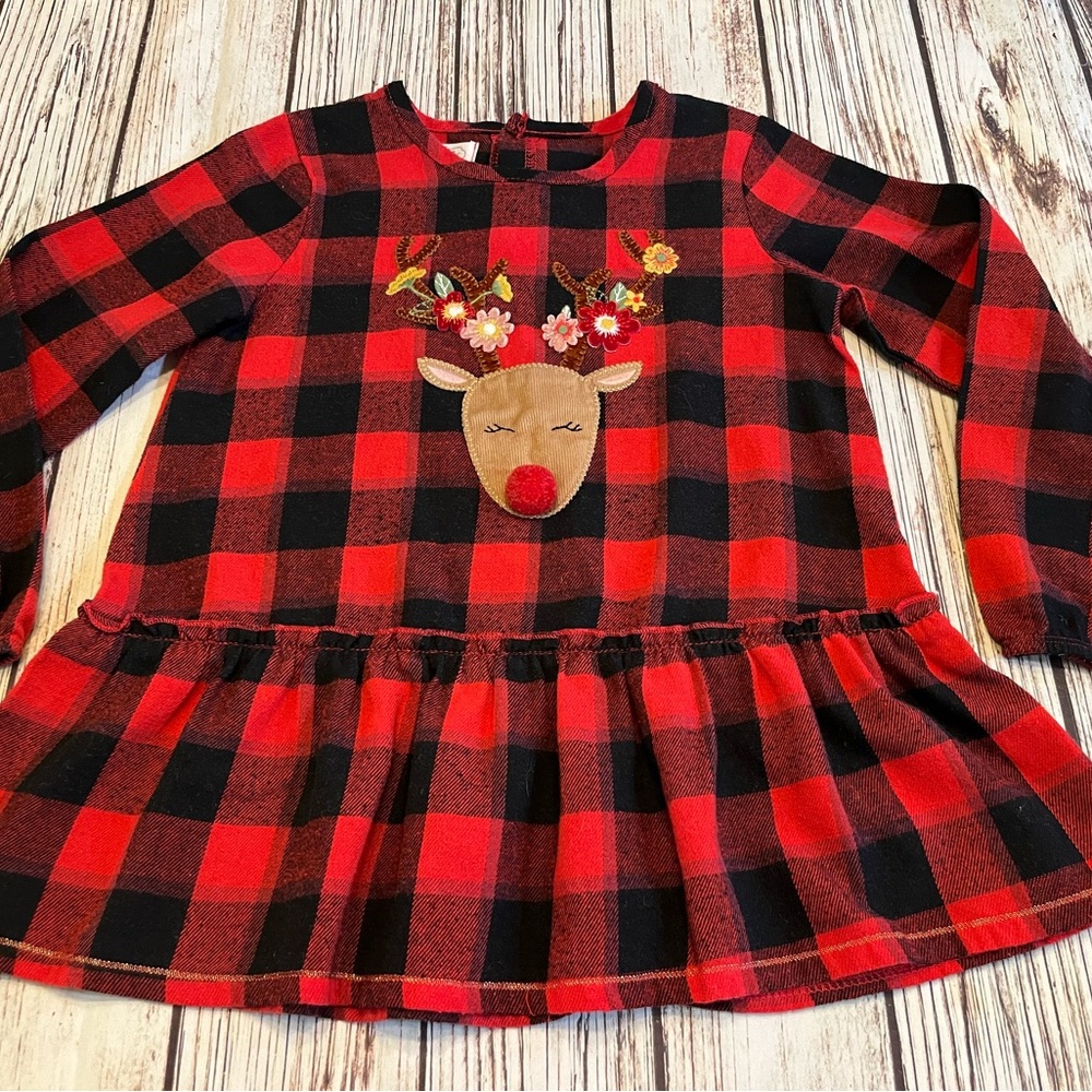 Mud Pie Christmas Reindeer Buffalo Check Plaid Top Tunic Girl's 5T Red & Black